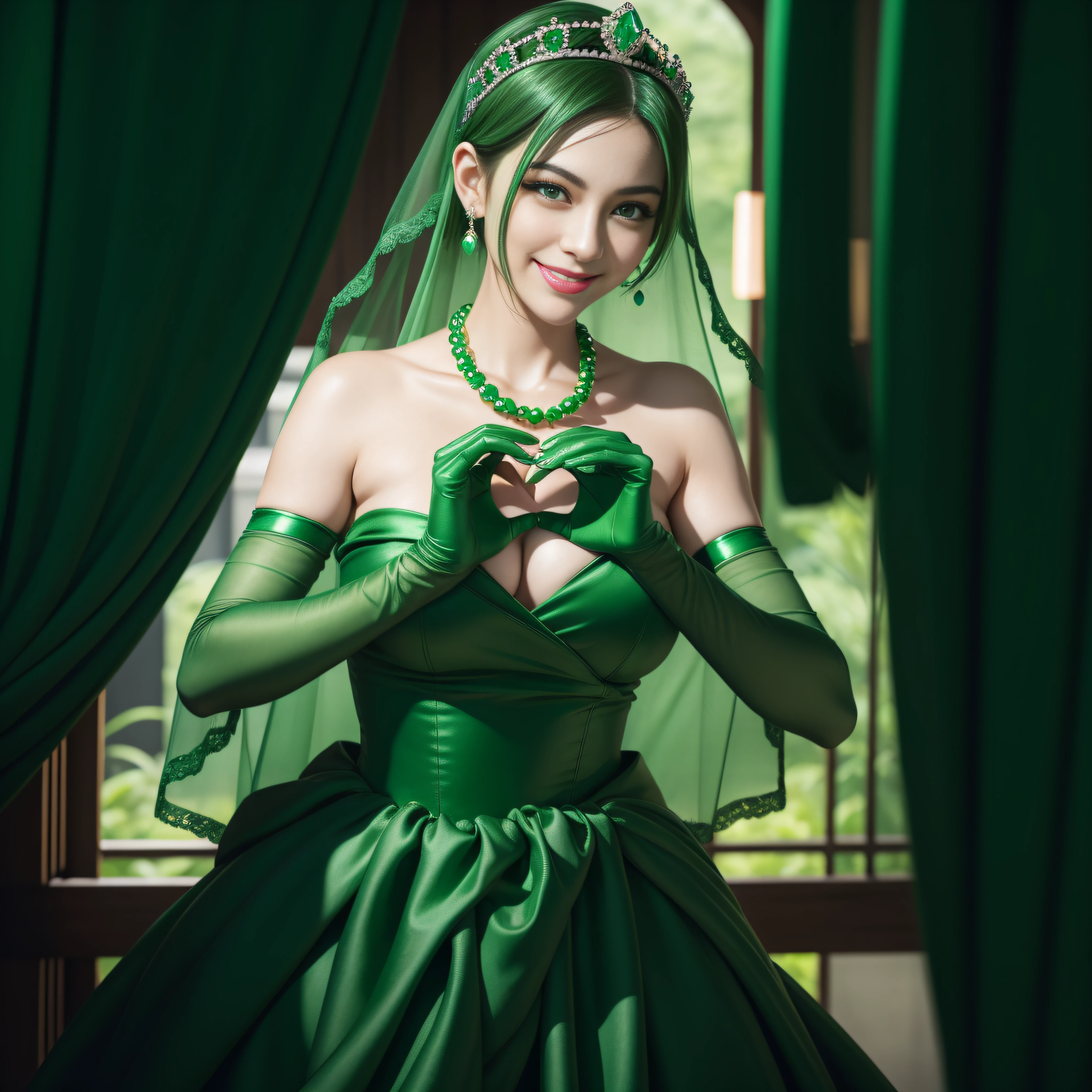 emerald tiara, Green Pearl Necklace, Boyish very short green hair, lipsticks, Japan woman smiling, very short short hair,   beautiful, Green eyes, Long green gloves made of satin material, Green eyes, Emerald Earrings, green vale, Heart with both hands