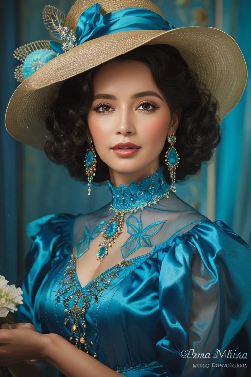 a close-up of a woman wearing a blue dress and a hat, mulher linda, Uma bela mulher vitoriana, pintura digital elegante, fantasia arte vitoriana, retrato bonito da arte da fantasia, menina elegante afro-americana, arte digital de um elegante, linda senhora, Senhora Vitoriana, pintura de personagem bonita, linda mulher bonita, vestido de azul, bela arte digital, lindo pintura digital