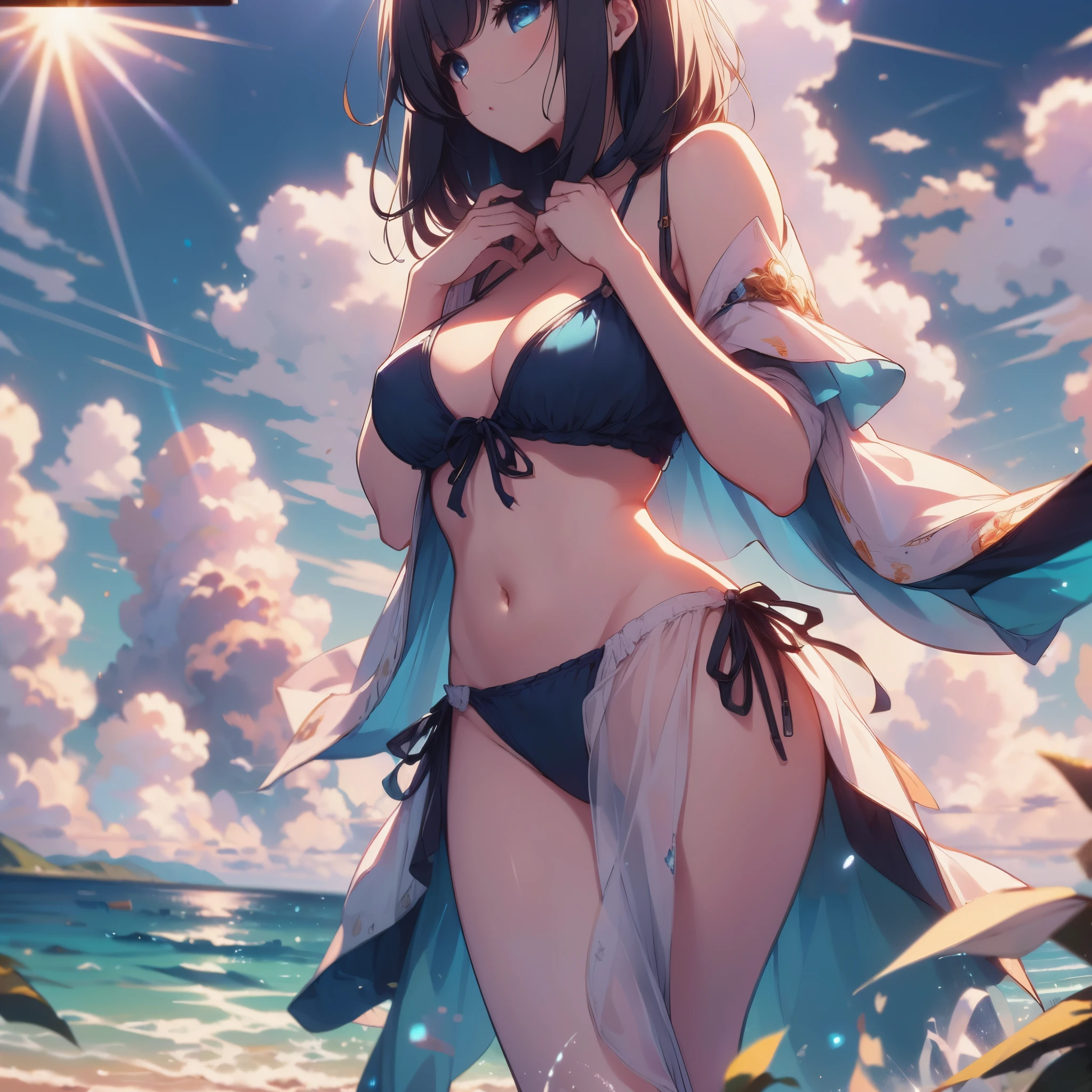 (best quality, masterpiece:1.4), high resolution, extremely details 8K unity CG wallpaper, (anime style, 2D illustration:1.3), BREAK girl, bikini, sea, beach, blue sky, sun, cloud, sunbeam, lens flare, medium close up,