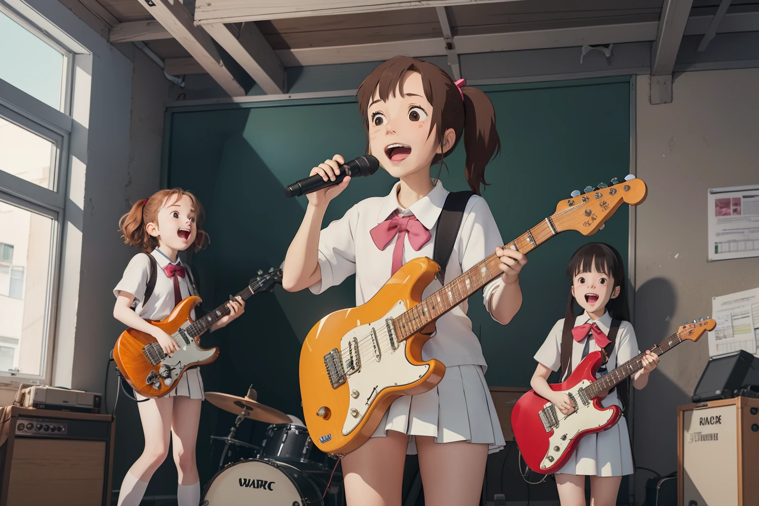 (masterpiece:1.2, best quality), (highly detailed:1.3), 3girls, , teenck band, (white panties), no skirt, school uniform, play electric guitars, in a garage, sing, having fun, bright, wide angle, ghibli style