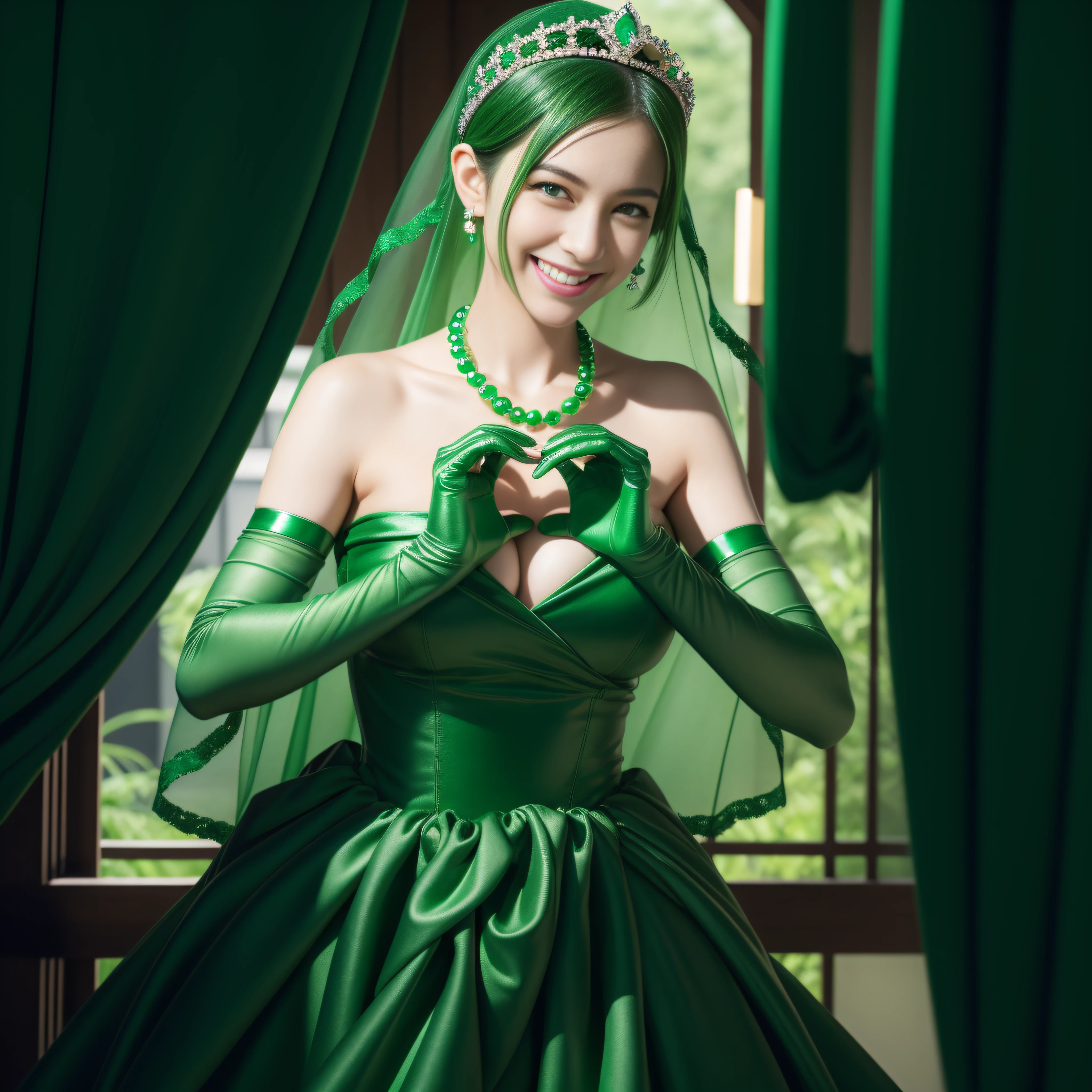 emerald tiara, Green Pearl Necklace, Boyish very short green hair, lipsticks, Japan woman smiling, very short short hair,  big breasts beautiful, Green eyes, Long green gloves made of satin material, Green eyes, Emerald Earrings, green vale, Heart with both hands