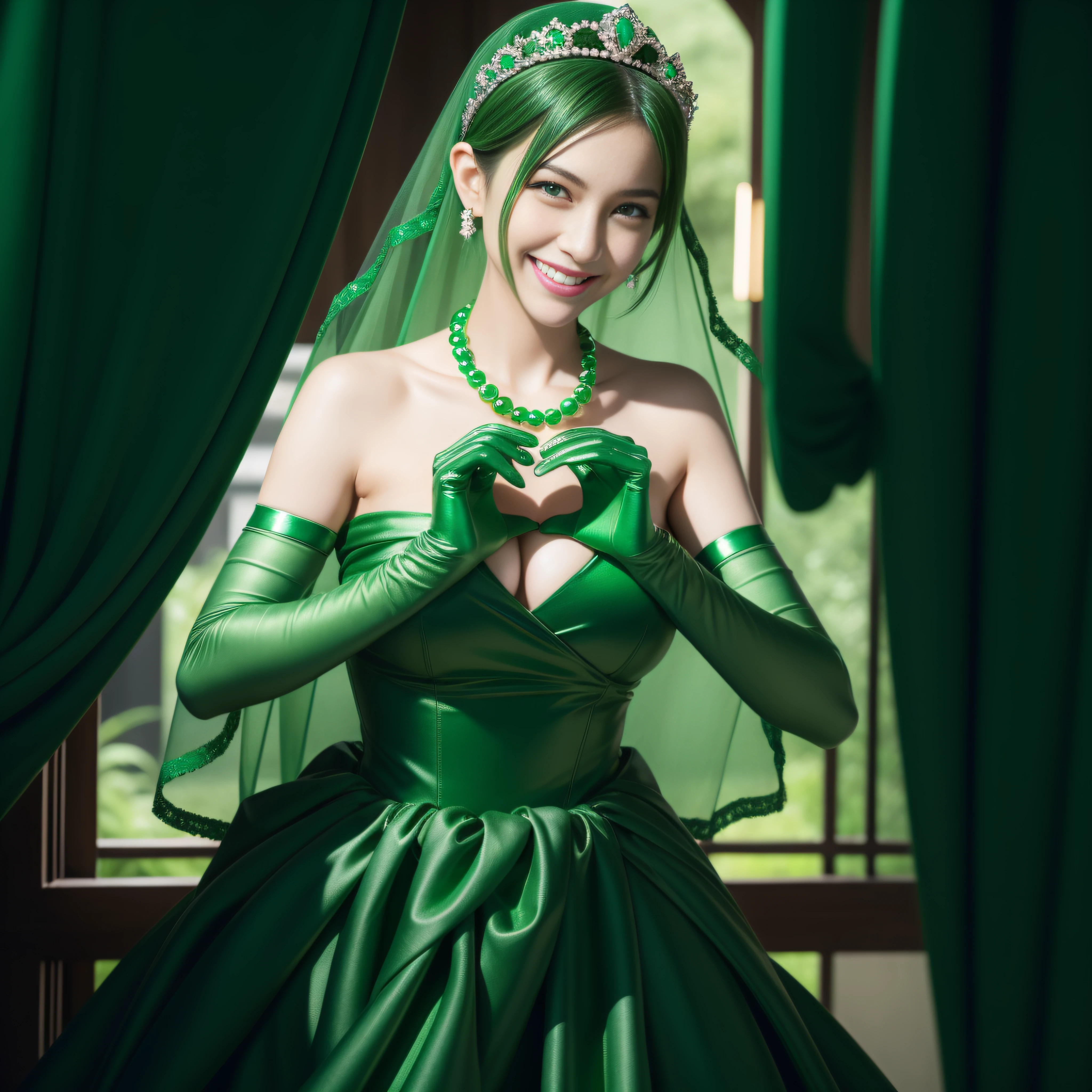 emerald tiara, Green Pearl Necklace, Boyish very short green hair, lipsticks, Japan woman smiling, very short short hair, big breasts beautiful, Green eyes, Long green gloves made of satin material, Green eyes, Emerald Earrings, green vale, Heart with both hands