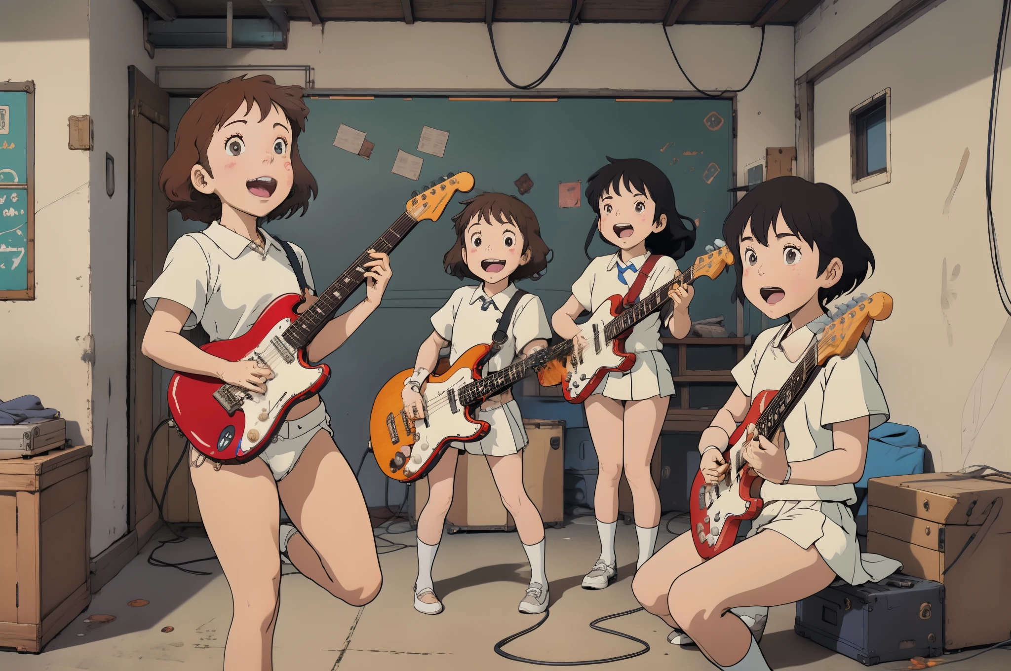 (masterpiece, best quality), (highly detailed:1.3), 3girls, , teenck band, (white panties), no skirt, school uniform, play electric guitars, in a garage, sing, having fun, bright, wide angle, ghibli style