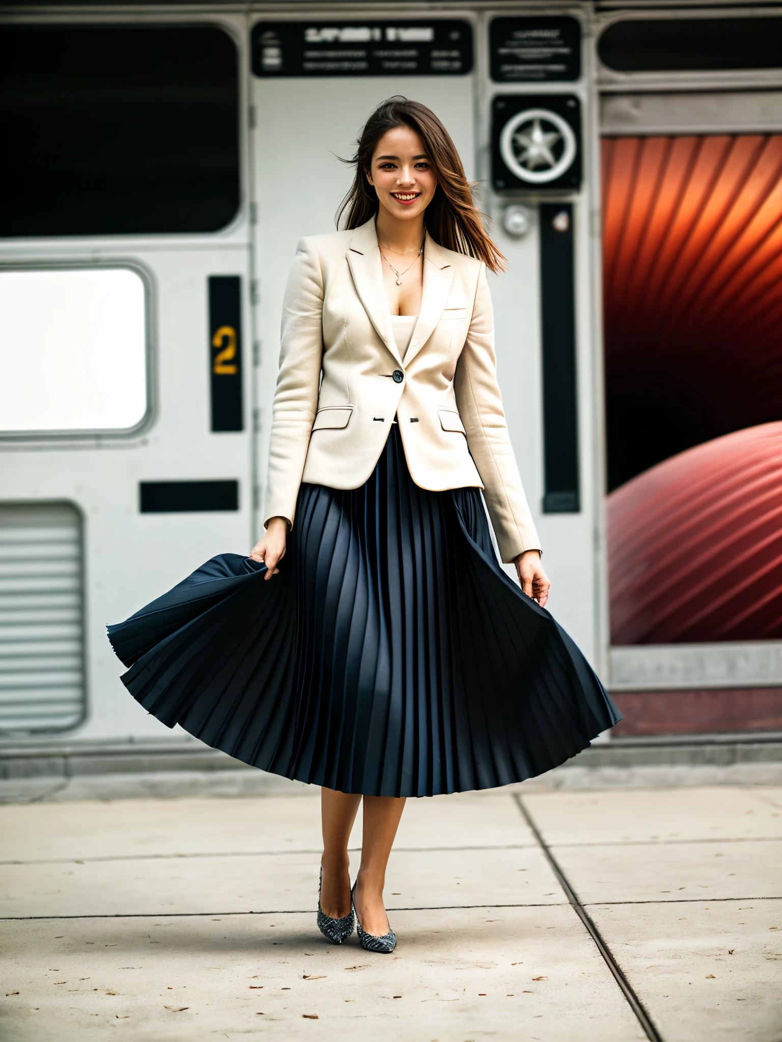 (shy:1,3) smiling woman playing with skirt, dancing, wearing short blazer and very very detailed (long (fully pleated) full circle skirt) and (simple) low heeled office shoes, very very intricate hyper-detailed symmetric (attractive graceful young feminine face) with (sad, tired eyes and a shy smile), large breasts, full of empathy and compassion and love, (pronounced (feminine) features), (highly detailed ultra accurate realistic) hands and fingers, (windy conditions and wind blowing), epic composition, highly detailed attributes, highly detailed space station background, (35mm f1.4 Kodak portra 400 photograph), extremely high quality RAW photograph,