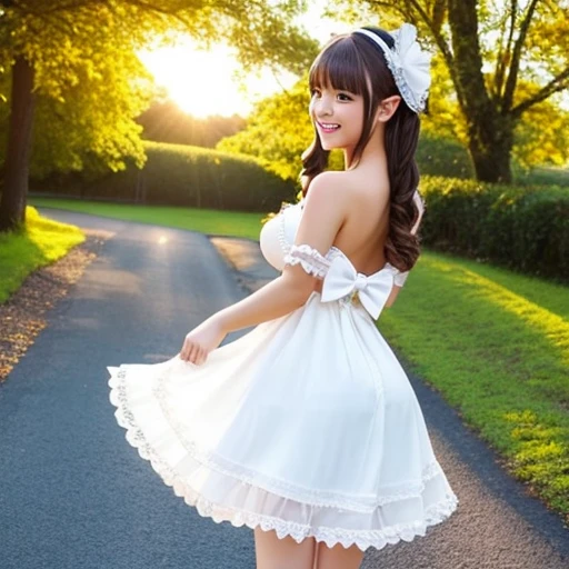(Best-quality, Masterpiece, Ultra-High-Resolution, (Photorealistic:1.4), Raw Photo, depth of field, professional lighting, perfect anatomy, extremely details), 1girl, 15-years-old, the most famous Japanese idol, (((running at flower-garden, upturned ass))), (dynamic pose, dynamic angle), ((wearing cute-frilly sheer-dress with cute-lacy)), (extremely cute and extremely childish face like the most popular Japanese idol,((extremely cute and extremely big eyes)), extremely beautiful hair, ((extremely beautiful skins)), extremely cute long-eyelashes, extremely cute lips), (looking back, innocent smile)