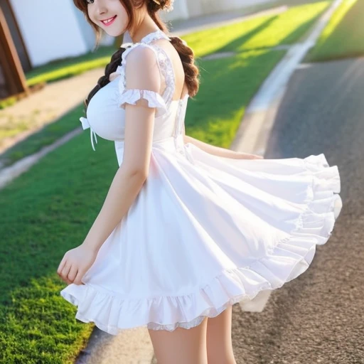 Beautiful girl, high quality, big boobs, cheerful, greeting, morning, smile, white frilly dress, mini skirt, bow, tights, fascinator, braid, sunny, from behind, sunshine,