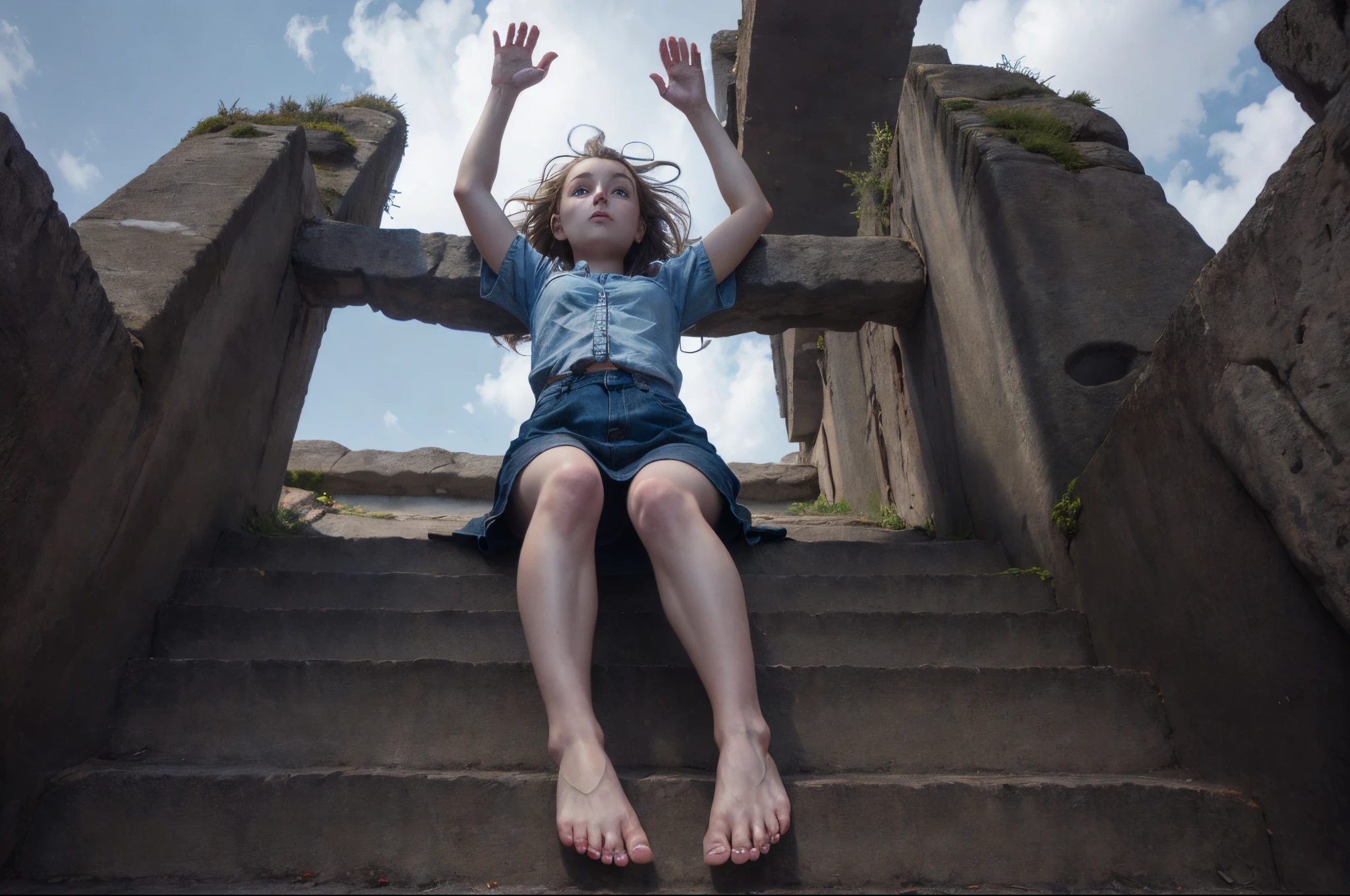 Giant girl with bare feet raised above you looking down at you
