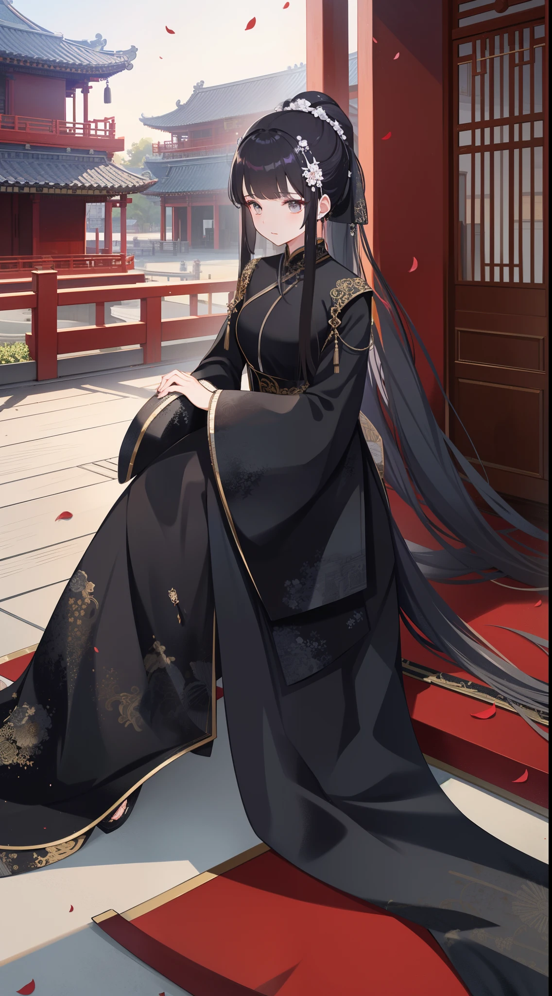 20岁女孩, cabelos preto e longos，crape，black long dress,  Elegant，Summer palace，Asian architecture，petals，tmasterpiece, high high quality