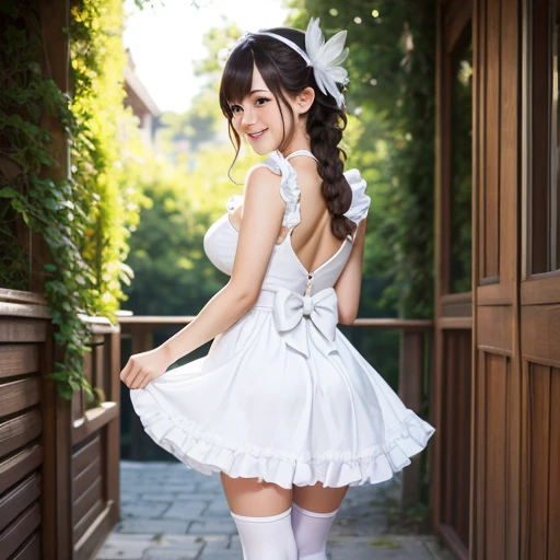 (Best-quality, Masterpiece, Ultra-High-Resolution, (Photorealistic:1.4), Raw Photo, depth of field, professional lighting, perfect anatomy, extremely details), ((from below, low-angle-shot)), 1girl, the most famous Japanese idol, cowboy shot, wearing extremely cute-lacy dress, upturned ass, looking down, innocent smile, ((extremely cute and extremely realistic face, ((extremely cute and extremely realistic big-eyes)), extremely cute and extremely realistic hair, extremely cute and extremely realistic skins)), extremely cute and extremely realistic body, extremely cute and extremely realistic thighs, dynamic pose