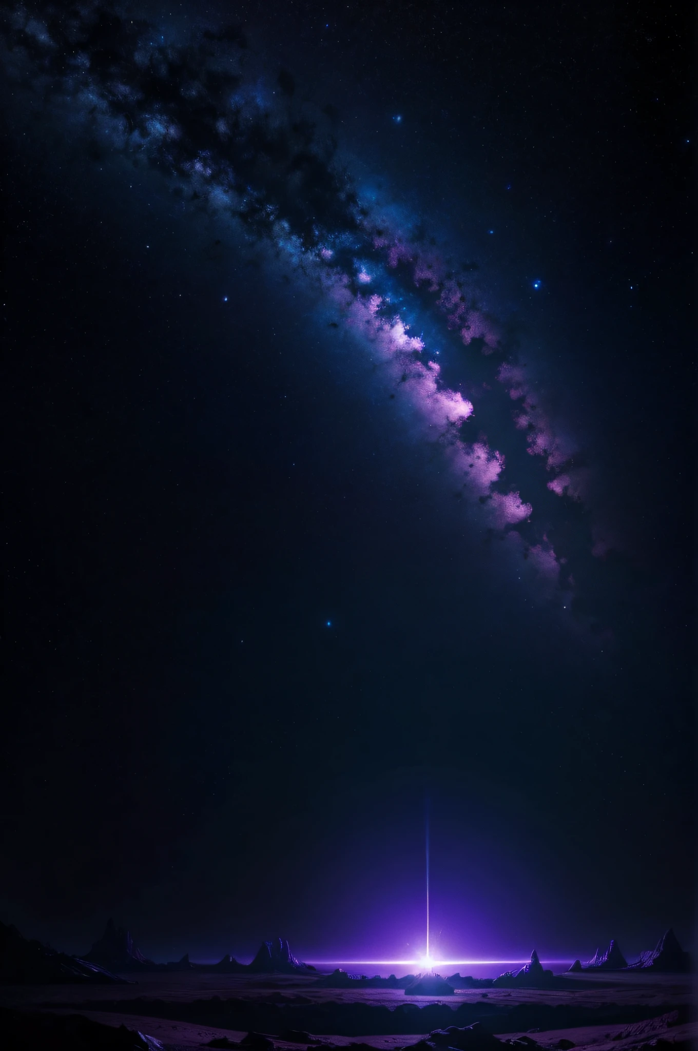 Landscape of a dark planet with a psychedelic space background Mysterious, Spacious, Surreal, Intriguing Diffuse light and deep shadows Low angle, emphasizing the texture Palette of dark and mysterious tones, such as purple and blue