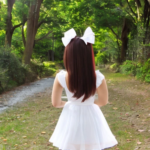 anime style, Beautiful girl, high quality, big boobs, cheerful, greeting, morning, smile, white frilly dress, mini skirt, bow, tights, fascinator, braid, sunny, from behind, sunshine,
