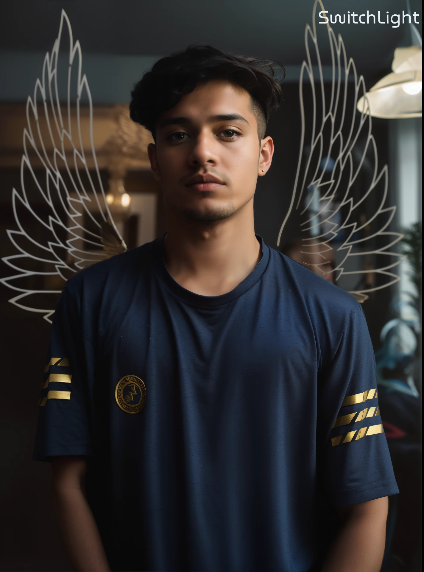 arafed man with wings on his head and a blue shirt, gold wings on head, wearing adidas clothing, winged boy, mid shot portrait, gold wings, alex miranda, winged human, a portrait of @hypnos_onc, with real wings, with wings, tommy 1 , wings spreading, wearing angel, symetrical wings