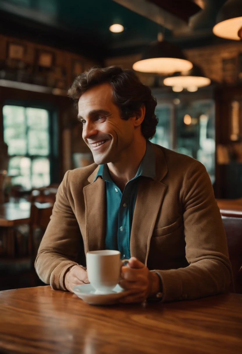 A photo of Ted holding a cup of coffee with a charming smile, sitting in a cozy cafe with a book in front of him.,real life,Ted Bundy, 1970s aesthetic