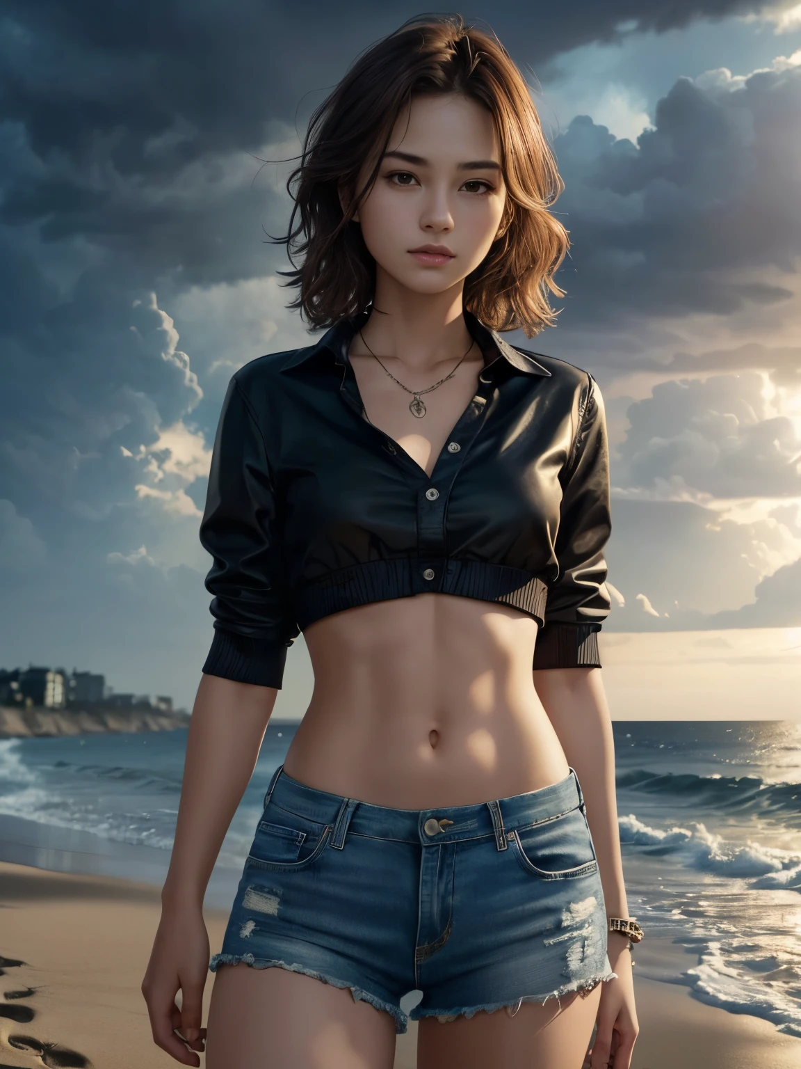 ((Small breasts))), ((Tomboy, small head)), girl, Sunlight, Nikko, (flat abs: 1.1), (Perfect body: 1.1), (Short wavy hair: 1.2), Reddish brown hair, pony tail, collar, chain, full body shot, crowded street, no top, nude, jeans jacket, (((Shorts)), seaside, beach, (Highly detailed CG 8k wallpaper), ( Very delicate and beautiful), (masterpiece), (Best Quality: 1.0), (Ultra High Definition: 1.0), Beautiful lighting, perfect lightning, thunder storm, realistic shadows, [High Definition], Detailed skin, Ultra detailed