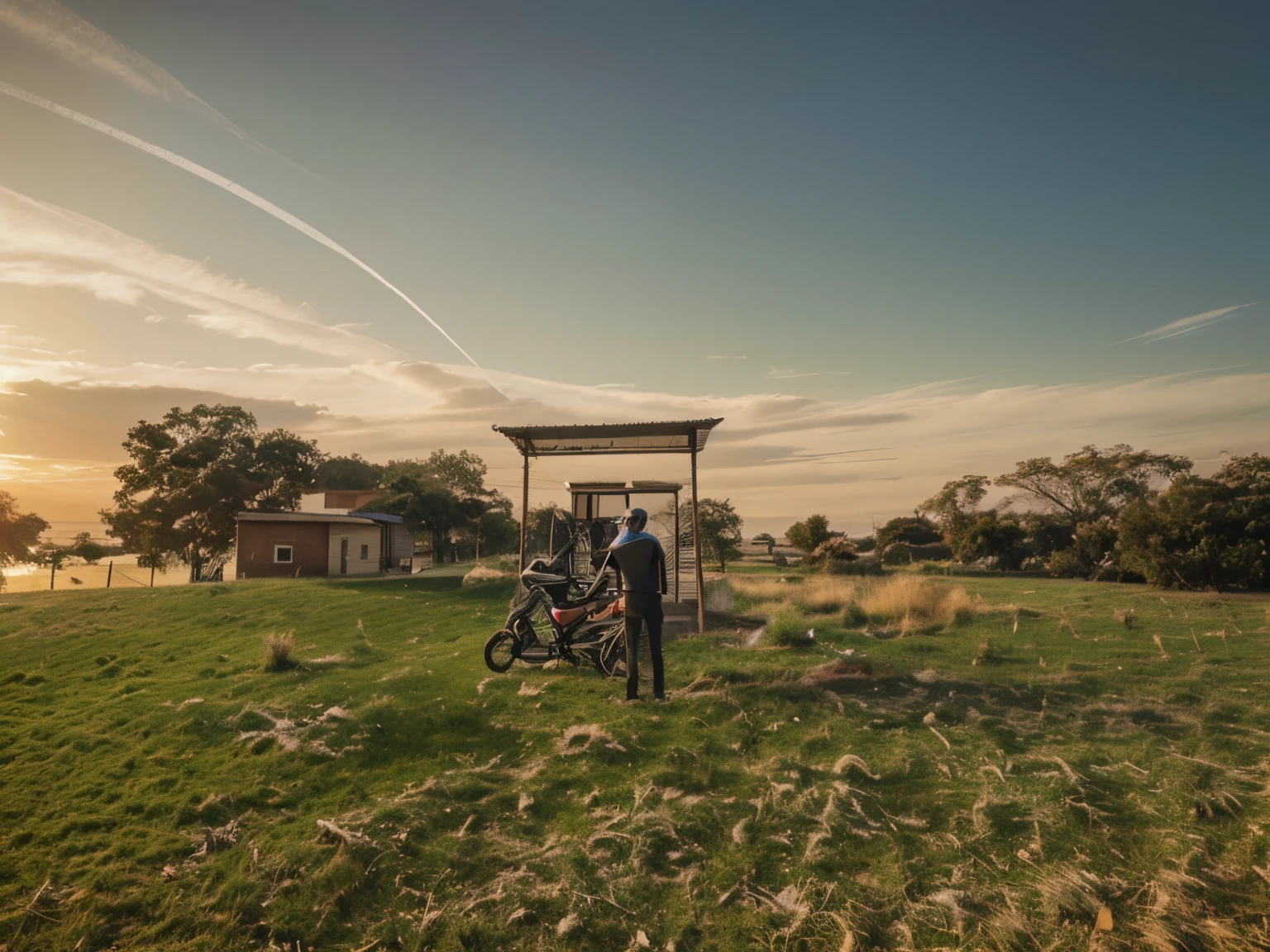 In this picture a man posing a photo beside his bike change only ground like grass and change sky realistic and amazing view unbelievable