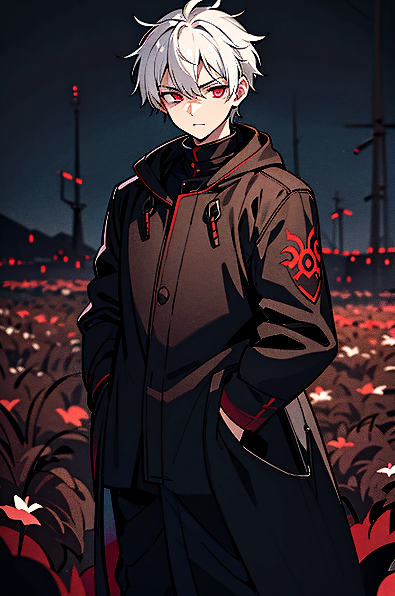 1 boy, white hair, night flower field, dark red glowing eyes, black coat, hands in pockets, gloomy face,