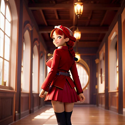 Beautiful girl, high quality, big tits, turn around, energy, greeting, morning, smile, long red coat, white plain clothes, mini skirt, bow, tights, fascinator, braid, sunny, from behind, sunlight, anime style