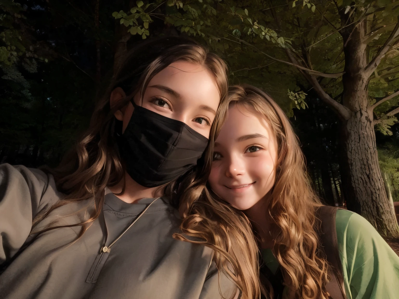 masterpeace, two friends, two girls, one girl wearing a mask, night, smiling, smiling at the camera, grey shirt, green shirt, trees in the background, friendship, friendship goals, brown hair, long hair, strajght hair, curly hair, sholder lenght curly hair