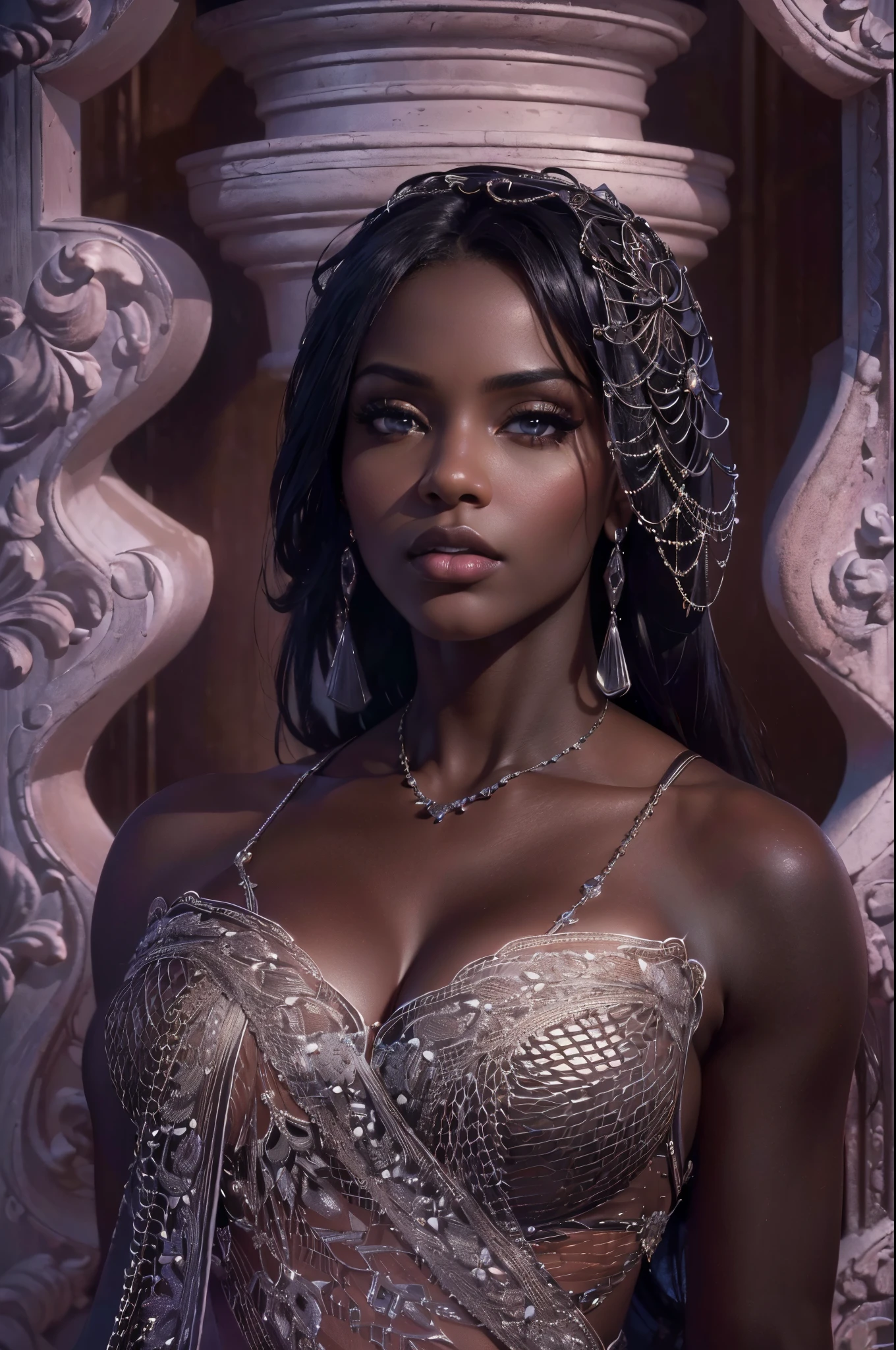 (best quality,4k,8k,highres,masterpiece:1.2),ultra-detailed,(realistic,photorealistic,photo-realistic:1.37),gorgeous black woman, seductive gaze, elegant posture, gothic background, sensual beauty, glamorous fashion, elegant gown, dark colors, moody lighting, full body pose