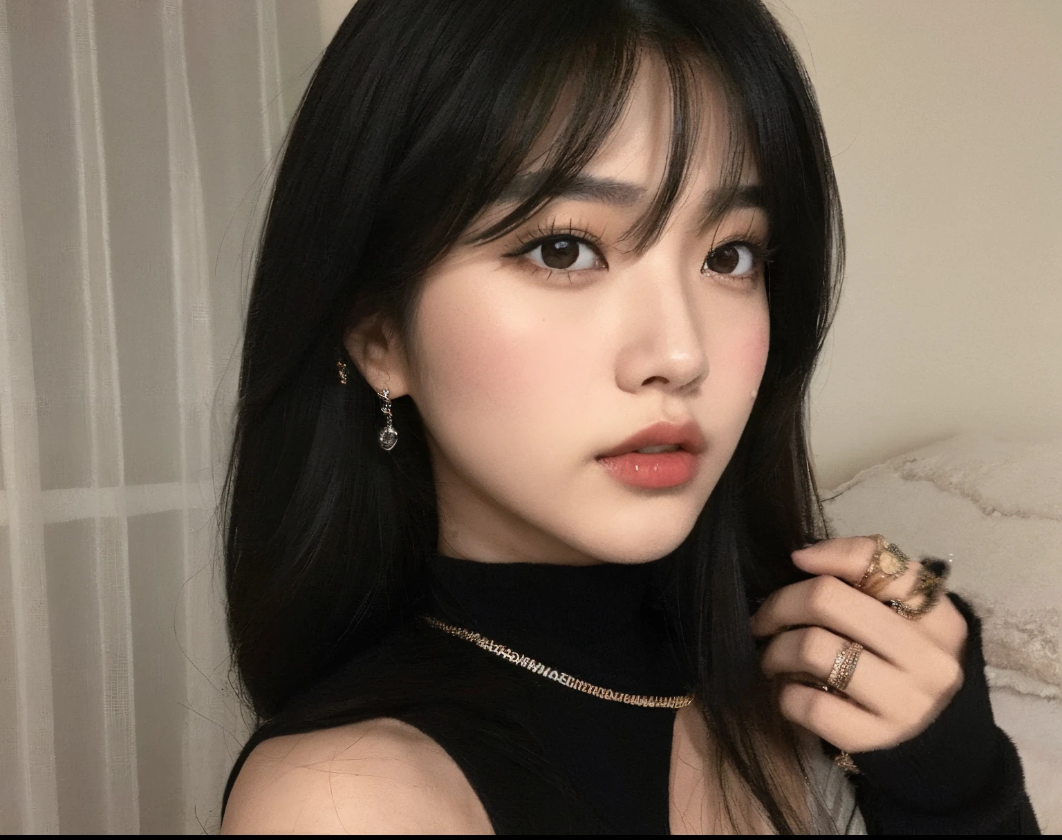 Araffe asian woman with black hair and a black top, Lalisa Manobal, Mulher sul-coreana bonita, Ulzzang, menina coreana, linda mulher coreana jovem, dilraba dilmurat, mulher coreana jovem bonita, cruel korean goth girl, menina bonito-fino-cara, young adorable korean face, Ela tem cabelo preto com franja