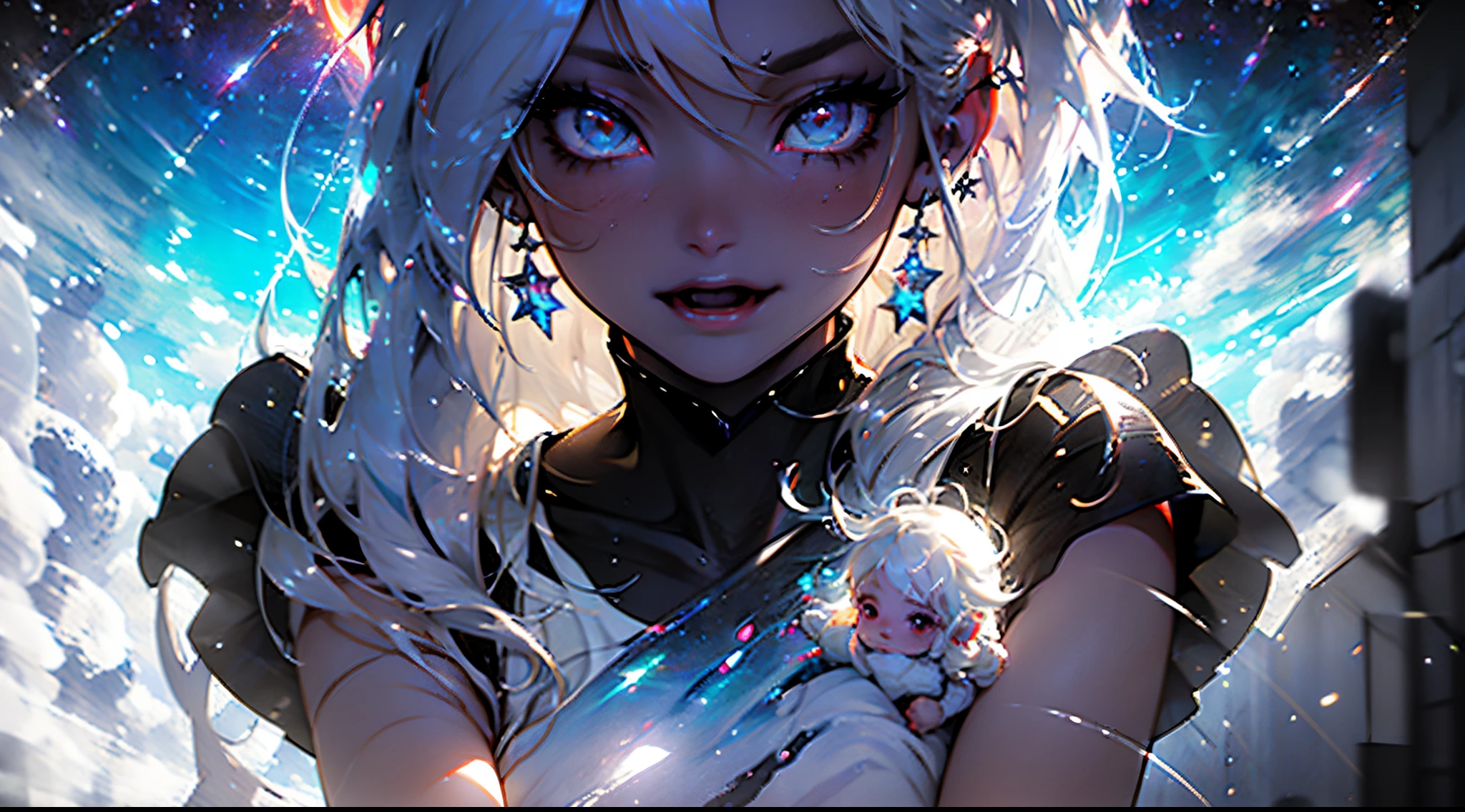 best qualtiy, High resolution, Description 8 km CG, masterpiece, Awesome art, finely detail, high level of detail, intricate-detail, baby, long white hair, Handsome Girl,full-length, Big watery eyes with stars in them, pure lust, Evil face, Young and Beautiful, immortal,splatters ,,light and shadows, optic,Beautiful clothes, (((cloud white hair, very long cloudy hair, small breasts, panties,(close up) of breasts,(floating cloud babies),((baby in arms))))), , small, micro, cloudium, clouds, cloud seeds, cloudium seeds, cloud bush, simple, cute, smily face, white circle happy, silly, adorable, farm, candy, sugar, cotton candy, white cloud hair, cloud hair, white hair, simple white eyes, navel, thighs, white panties, holding cotton candy, blasting cotton candy, explosion, nebula, white magic stars, cum, space, galaxy, sugar, crystal, candy, mineral, artifact, emoji, emoticon, fortnite, default dance, emote, hearts