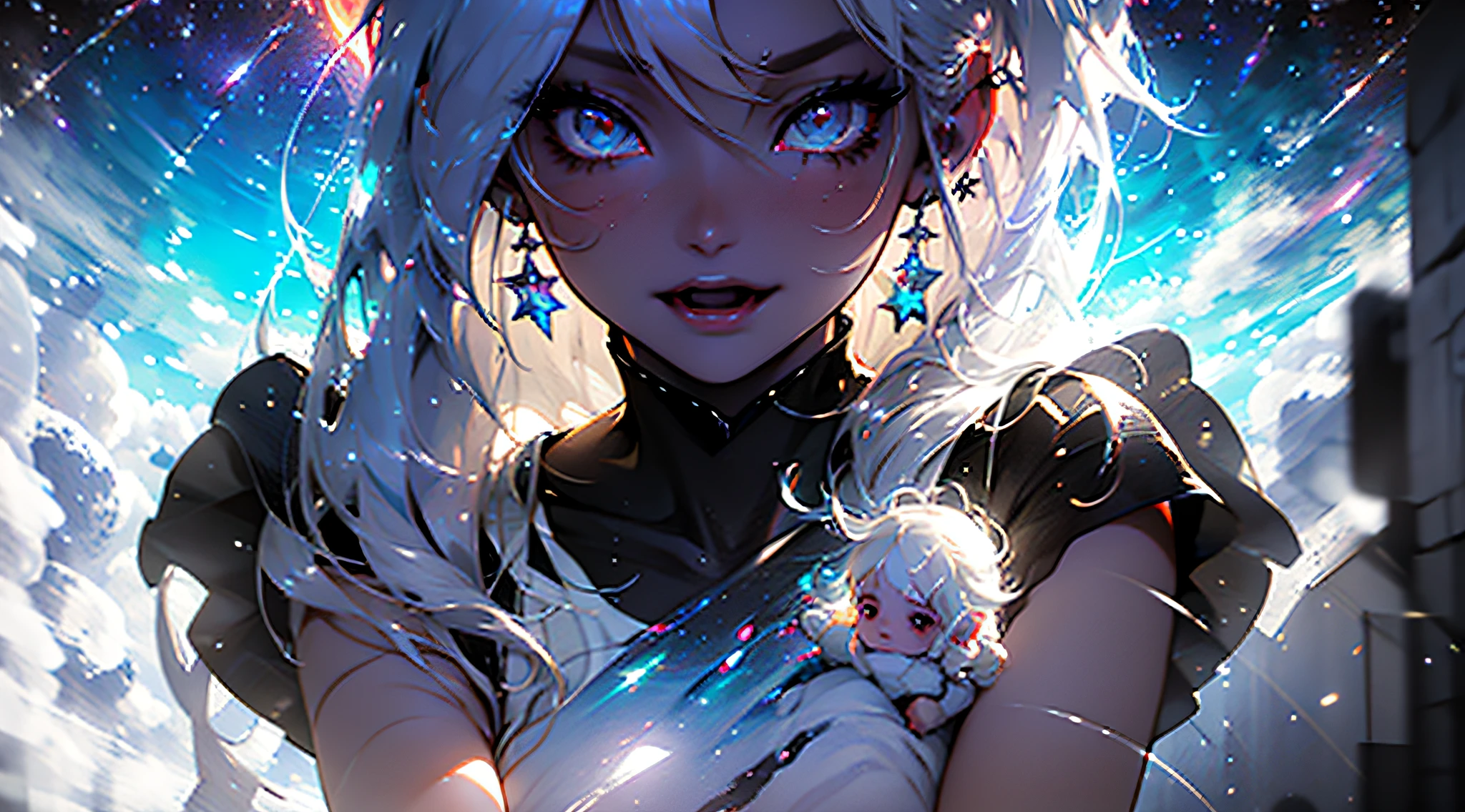 best qualtiy, High resolution, Description 8 km CG, ​masterpiece, Awesome art, finely detail, high level of detail, intricate-detail, baby, long white hair, Handsome Girl,full-length, Big watery eyes with stars in them, pure lust, Evil face, Young and Beautiful, immortal，splatters ,,light and shadows, optic，Beautiful clothes， (((cloud white hair, very long cloudy hair, small breasts, panties,(close up) of breasts,(floating cloud babies),((baby in arms))))), little girl, small, micro, cloudium, clouds, cloud seeds, cloudium seeds, cloud bush, simple, cute, smily face, white circle happy, silly, adorable, farm, candy, sugar, cotton candy, white cloud hair, cloud hair, white hair, simple white eyes, navel, thighs, white panties, holding cotton candy, blasting cotton candy, explosion, nebula, white magic stars, cum, space, galaxy, sugar, crystal, candy, mineral, artifact, emoji, emoticon, fortnite, default dance, emote, hearts