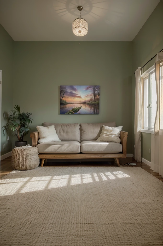 cozy room with a central focus on a beautiful canvas printed on plexiglass, artfully fixed in the middle of the space. Infuse the room with warmth through soft lighting, comfortable furnishings, and inviting textures. Pay attention to the details of the canvas, ensuring it exudes beauty and captures attention. Consider the interplay between the canvas and its surroundings, including how the ambient light enhances the visual appeal. Create a scene that evokes a sense of comfort and appreciation for art, where the canvas becomes a harmonious centerpiece that enriches the overall coziness of the room, use modern colors
