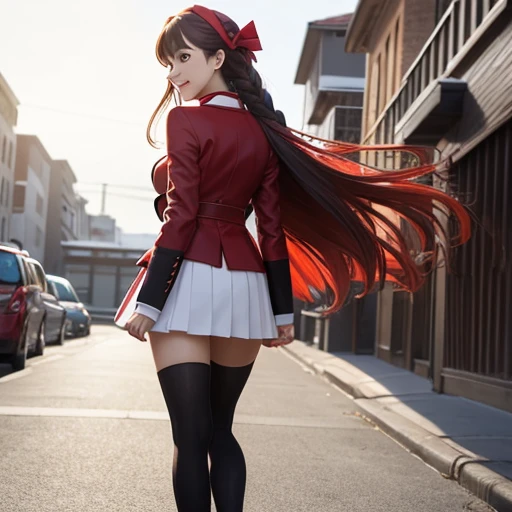 anime style, Beautiful girl, high quality, long straight hair, big tits, turn around, energy, greeting, morning, smile, long red coat, white plain clothes, mini skirt, bow, tights, fascinator, braid, sunny, from behind, sunlight,