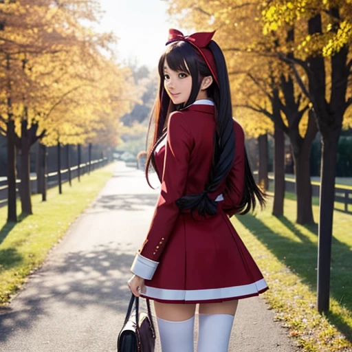 anime style, Beautiful girl, high quality, long straight hair, big tits, turn around, energy, greeting, morning, smile, long red coat, white plain clothes, mini skirt, bow, tights, fascinator, braid, sunny, from behind, sunlight,
