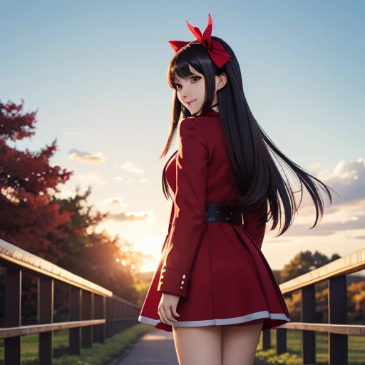 anime style, Beautiful girl, high quality, long straight hair, big tits, turn around, energy, greeting, morning, smile, long red coat, white plain clothes, mini skirt, bow, tights, fascinator, braid, sunny, from behind, sunlight,