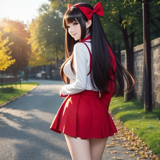 anime style, Beautiful girl, high quality, long straight hair, big tits, turn around, energy, greeting, morning, smile, long red coat, white plain clothes, mini skirt, bow, tights, fascinator, braid, sunny, from behind, sunlight,