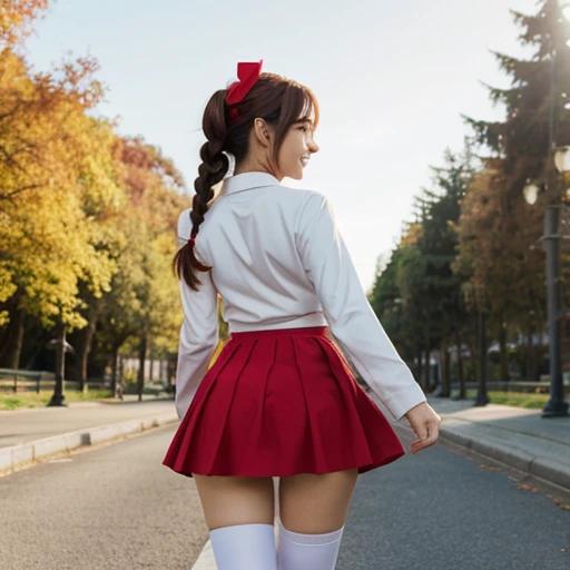 anime style, Beautiful girl, high quality, long straight hair, big tits, turn around, energy, greeting, morning, smile, long red coat, white plain clothes, mini skirt, bow, tights, fascinator, braid, sunny, from behind, sunlight,