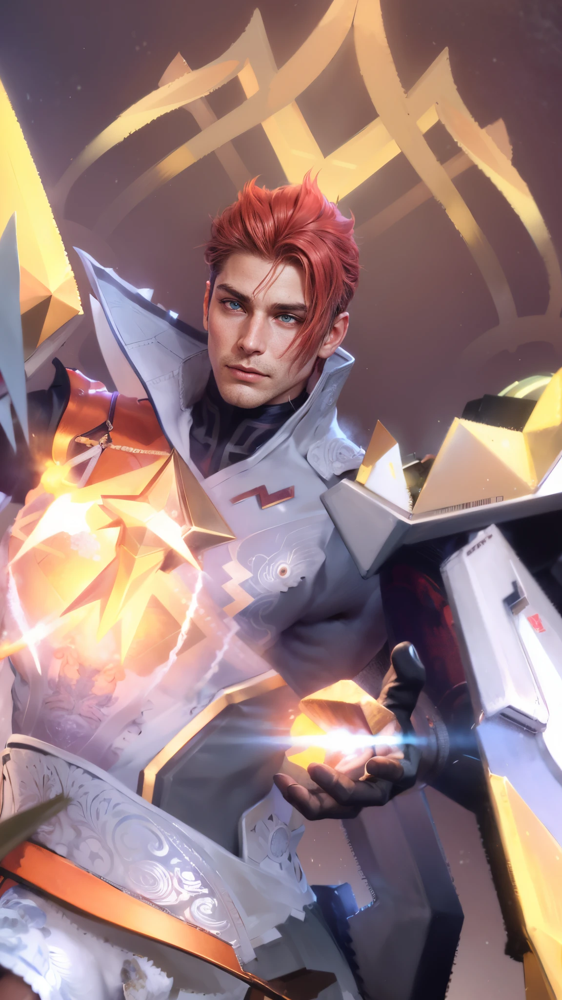 (Intricate Details, Masterpiece, Best Quality, High Resolution, 8k), (1man), (male:1.2), mature, dandy face, finely detailed eyes and face, toned body, masculine appeal, commanding presence, hot stud, bulging biceps and triceps, well-developed quadriceps and hamstrings, light skin, burgundy straight layered bangs hair, aquamarine eyes,  ornate details,  portrait, solo, half shot, looking down, detailed background, detailed face, (cogpunkai, cogpunk theme:1.1),  tech-mage,   [magic|technology], melding of spellcraft and advanced technology,  intricate [spellcasting clothes|mechanical gear], gear shaped glyphs,  ancient crystals,  [gears|ancient spell],  floating particles,  [innovative|enchanting] aura, high tech vehicle in background,   , finely detailed background, Depth of Field, VFX