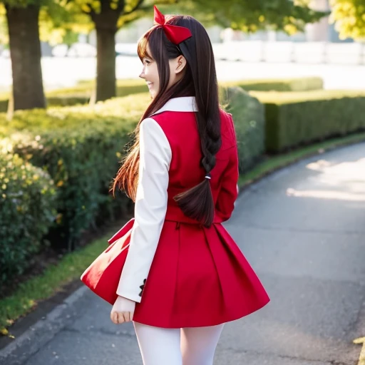anime style, Beautiful girl, high quality, long straight hair, big tits, turn around, energy, greeting, morning, smile, long red coat, white plain clothes, mini skirt, bow, tights, fascinator, braid, sunny, from behind, sunlight,