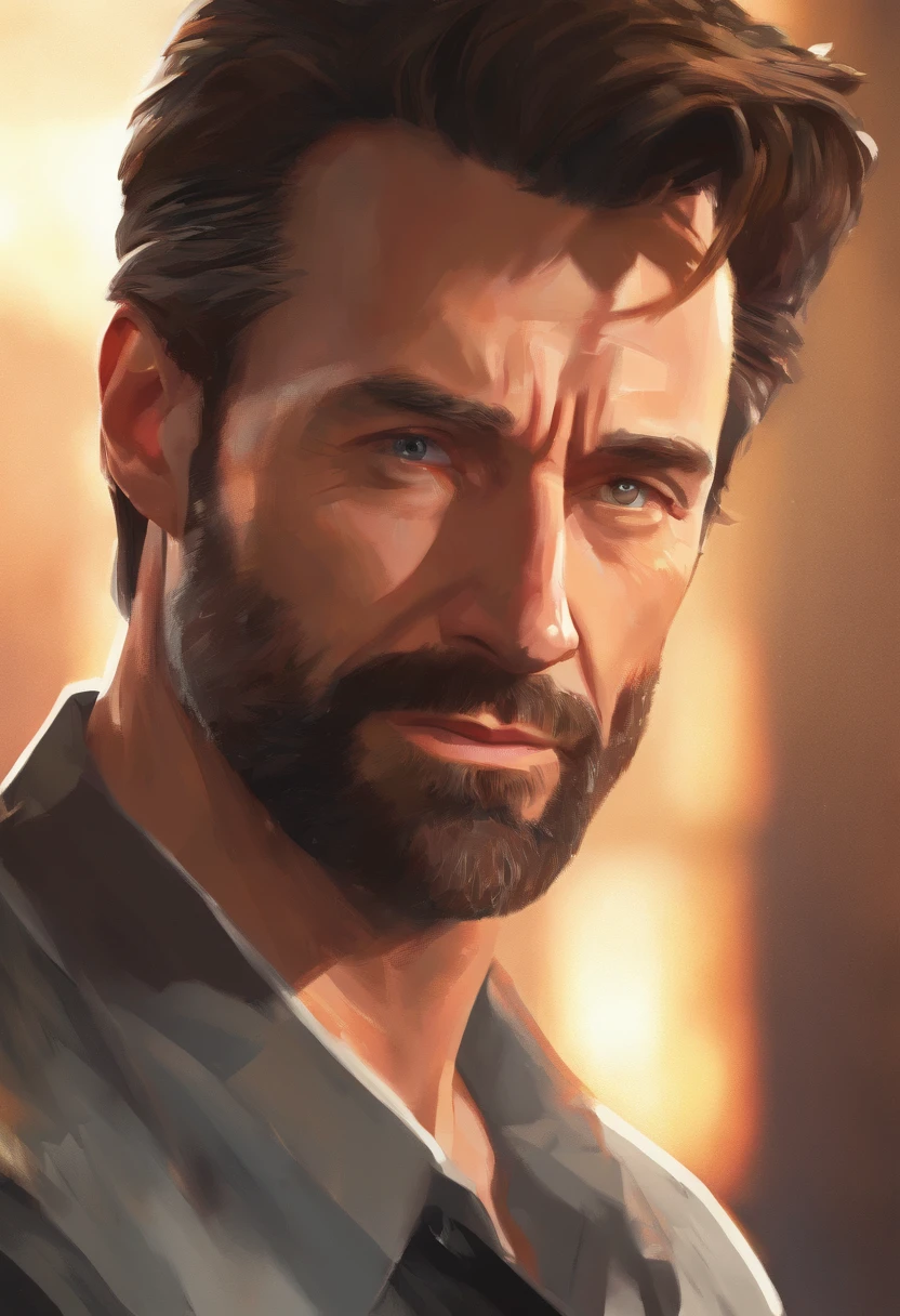 Masterpiece, DSLR photo, Style analogique, Nikon D5, VRAIE PHOTO, une photo de Hugh Jackman avec une barbe grisonnante, dramatic lighting (85 mm), (Detailed facial features), (detailed bright eyes), Angle dynamique, Jeremy Mann, Style Ilya Kuvshinov