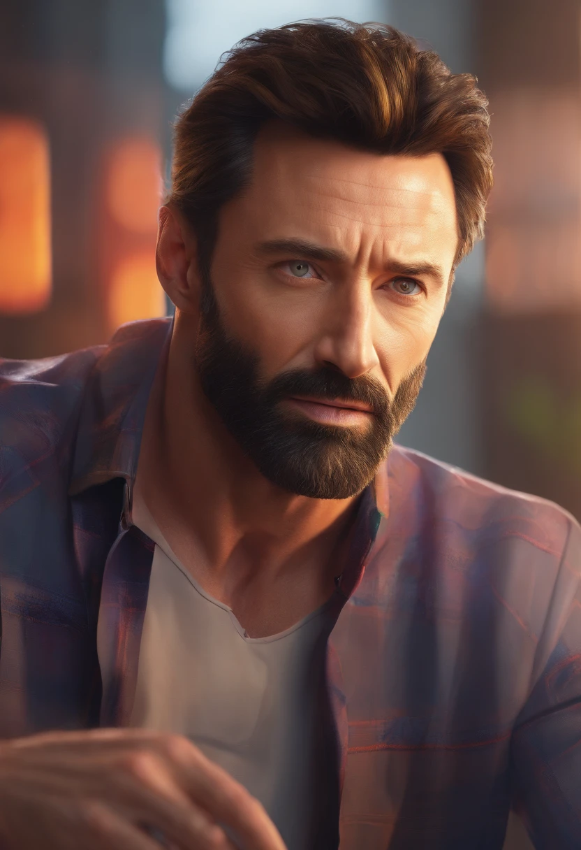 Masterpiece, DSLR photo, Style analogique, Nikon D5, VRAIE PHOTO, une photo de Hugh Jackman avec une barbe grisonnante, dramatic lighting (85 mm), (Detailed facial features), (detailed bright eyes), Angle dynamique, Jeremy Mann, Style Ilya Kuvshinov