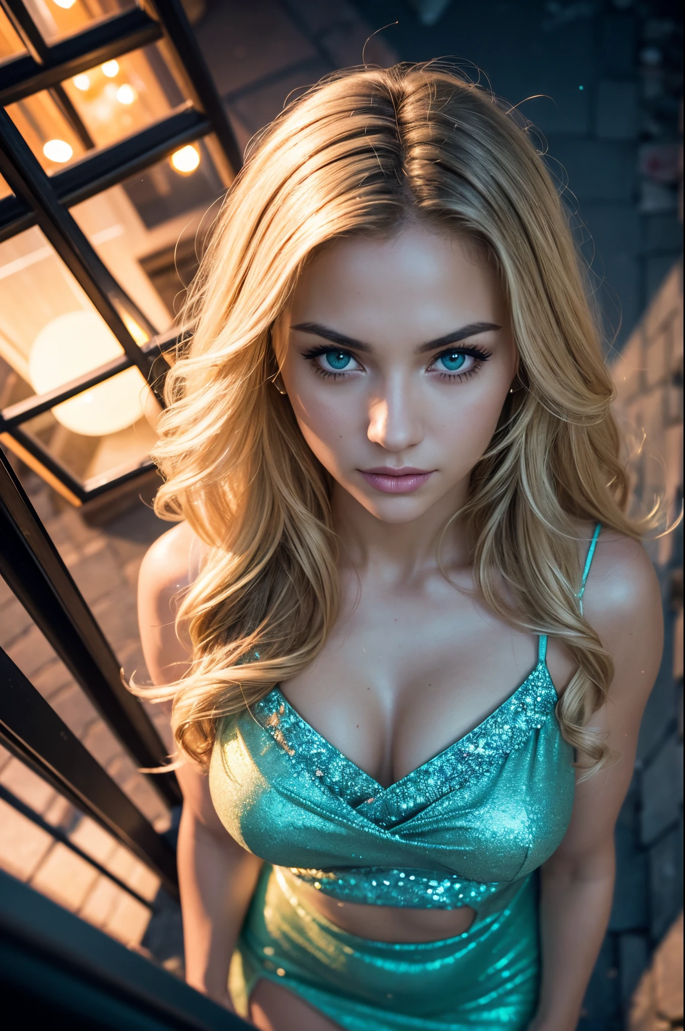 (selfie, top view: 1.4), (straight half of the body: 1.4), RAW UHD portrait photo of a 24-year-old blonde (green eyed woman), wavy hair, walking down a dark alley, city at night, (dress), details (textures! , hair! , glitter, color!!:1.1), glossy eyes with high detail (looking at the camera), SLR lighting, SLR camera, ultra-quality, sharpness, depth of field, film grain (center), Fujifilm XT3, crystal clear, frame center, beautiful face, sharp focus, street lamp, neon lighting, bokeh (dimly lit), night, (night sky), detailed, oily skin, complex eye details, full body, perfect breasts, perfect body, perfect hands,