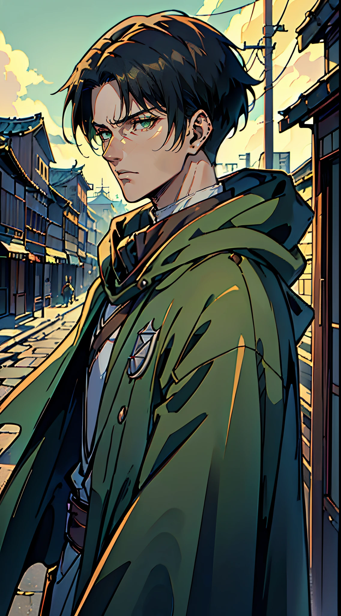 ((4K works))、​masterpiece、（top-quality)、((high-level image quality))、((One Manly Boy))、Slim body、((green survey corps cloak fashion))、((Men's Fashion))、(Detailed beautiful eyes)、town in the morning、Levi Ackerman、Attack on Titan、((short hair above the ears))、((Smaller face))、((Neutral face))、((28 year old))、((Handsome man))、((Korean Makeup))、((elongated and sharp eyes))、((Black eyes))、((Like a celebrity))、Everyday photography、((Shot alone))、((Shot diagonally from the side))、((Upper body photography))、((Sharp eyes))