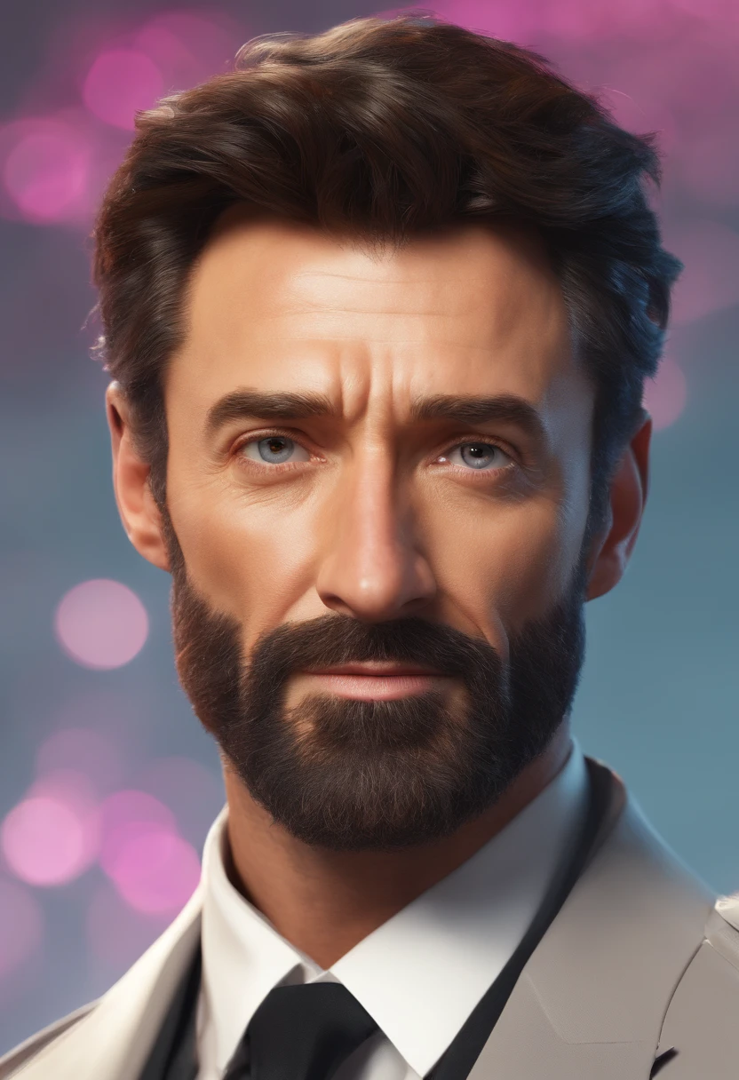 Masterpiece, DSLR photo, Style analogique, Nikon D5, VRAIE PHOTO, une photo de Hugh Jackman avec une barbe grisonnante, dramatic lighting (85 mm), (Detailed facial features), (detailed bright eyes), Angle dynamique, Jeremy Mann, Style Ilya Kuvshinov
