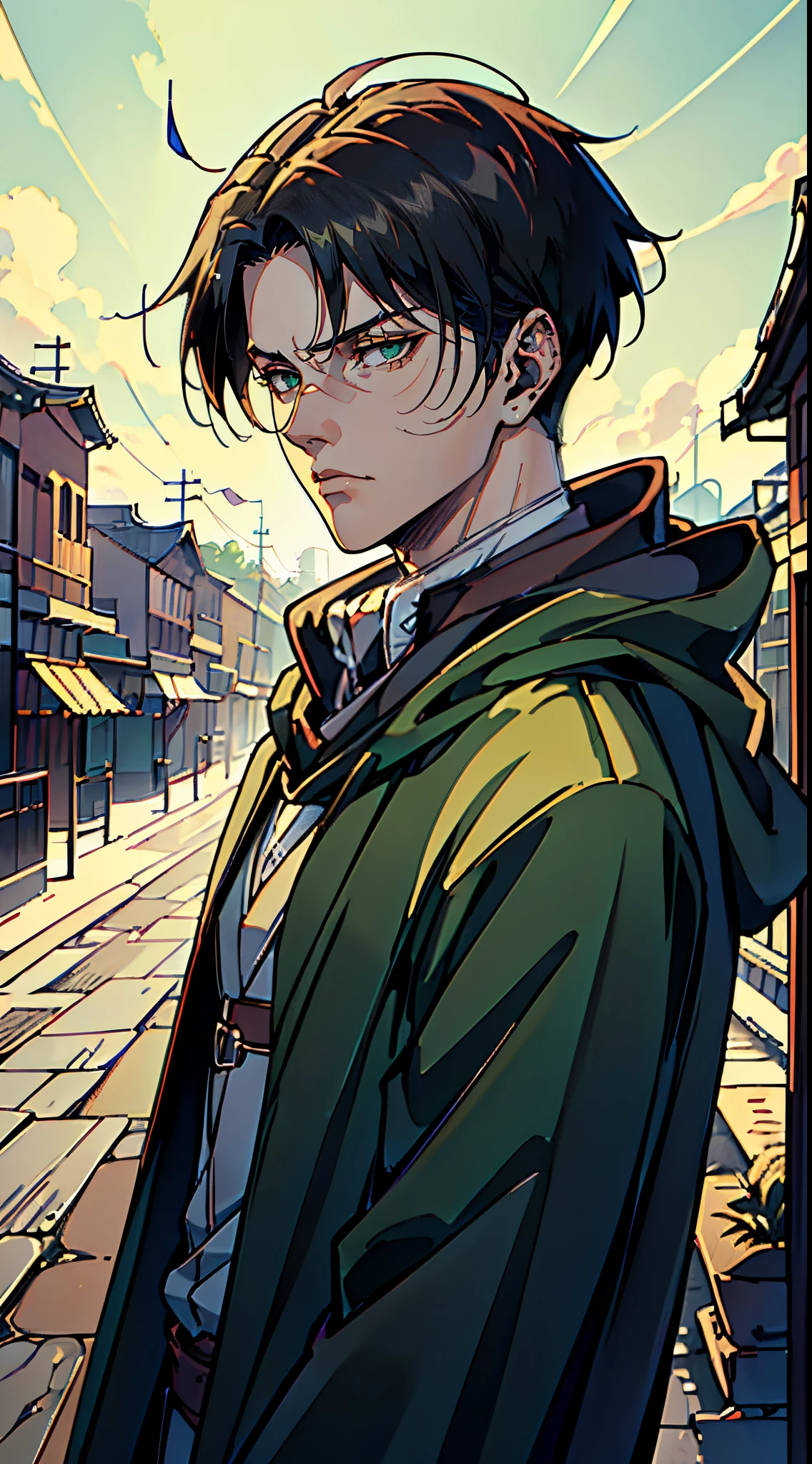 ((4K works))、​masterpiece、（top-quality)、((high-level image quality))、((One Manly Boy))、Slim body、((green survey corps cloak fashion))、((Men's Fashion))、(Detailed beautiful eyes)、town in the morning、Levi Ackerman、Attack on Titan、((short hair above the ears))、((Smaller face))、((Neutral face))、((28 year old))、((Handsome man))、((Korean Makeup))、((elongated and sharp eyes))、((Black eyes))、((Like a celebrity))、Everyday photography、((Shot alone))、((Shot diagonally from the side))、((Upper body photography))、((Sharp eyes))