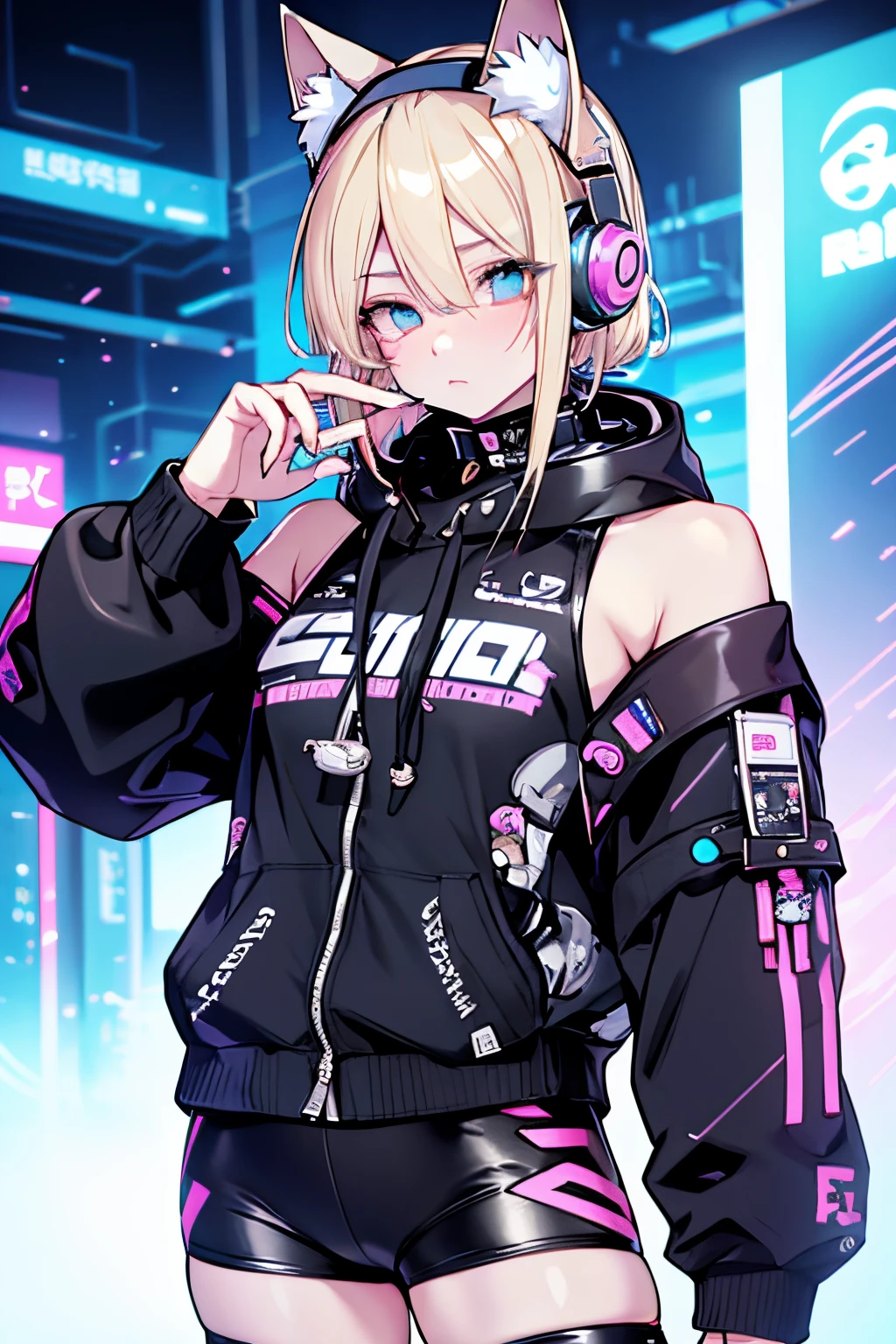 Blonde girl wearing headphones and cat ears poses for a photo, cyborg - girl with silver hair, Anime Girl Cosplay, anime inspired, rococo cyberpunk, Wearing Earbuds with Cat Ears, wearing cybernetic bunny ears, Ears Anime, anime cosplay, Metal cat ears and glowing eyes, inspired by Leng Mei, anime girl with cat ears, Cyberpunk headset, with headphones