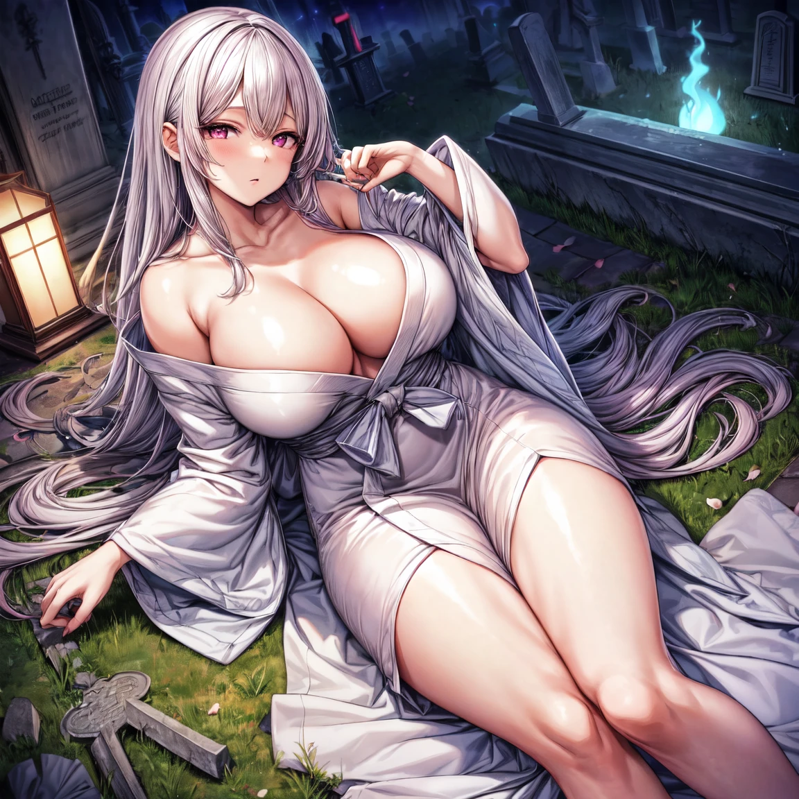 Masterpiece, 1girl,solo,huge breasts, ghost costume , (hitodama) ,night, tombstone, graveyard, long sleeves, very long sleeves, , ghost, pale skin,, off shoulder, cleavage, no bra, (((extremely long white hair))), lying on ground by tombstone, bare legs, shredded tattered clothes, curvy wide hips, massive breasts, chubby thighs, (((beautiful bright pink anime eyes))), japanese graveyard, from above, full lips, beautiful mature face, MILF