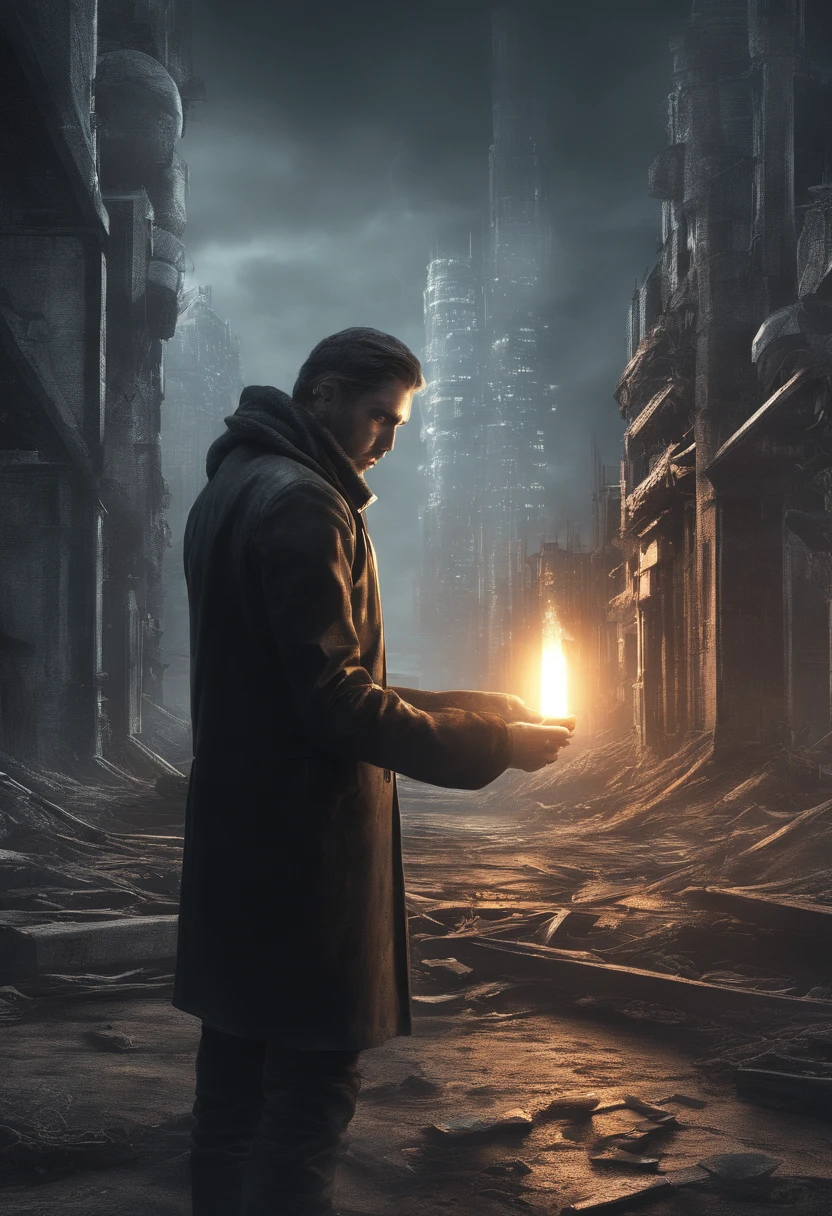 a man looking at a glowing vial in horror