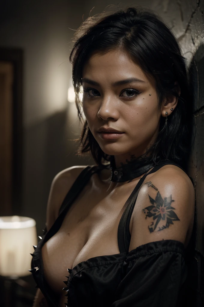 (front focus), (in the dark:1.6), Hyperrealist portrait of filipino female by david hockney and alphonse mucha, fantasy art, photo realistic, dynamic lighting, artstation, poster, volumetric lighting, very detailed faces, 4 k, award winning, 1girl, in the dark, deep shadow, low key, cowboy shot, (sexy outfit), short and spikey punk rock hair, tattoos, ear piercings, heavy eyeliner