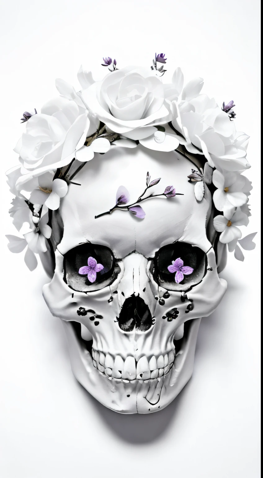 a skull with flowers in the eyes, (skull), detailed petals, vibrant colors, eerie atmosphere, dark background, soft lighting, gothic style, high contrast. (best quality,ultra-detailed,photorealistic), [subtle color palette]