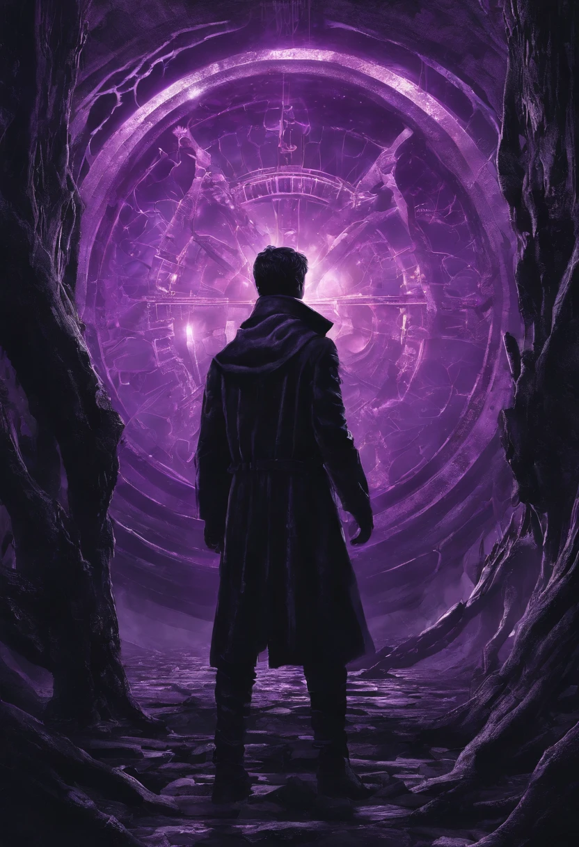 close up, a man's face, in awe like frodo looking at the one ring, but instead its a man looking at a glowing purple stone, the room is dark, but the glow of a rock in his hand illuminates his face