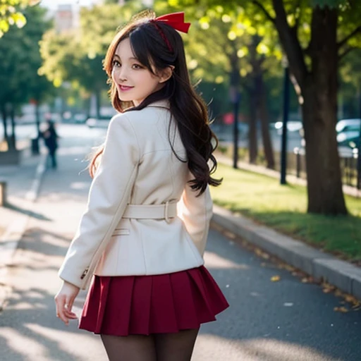 Beautiful girl ,masterpiece,  long  hair, big tits, turn around, energy, greeting, morning, smile, long red coat, white plain clothes, mini skirt, bow, tights, fascinator, braid, sunny, from behind, sunlight,