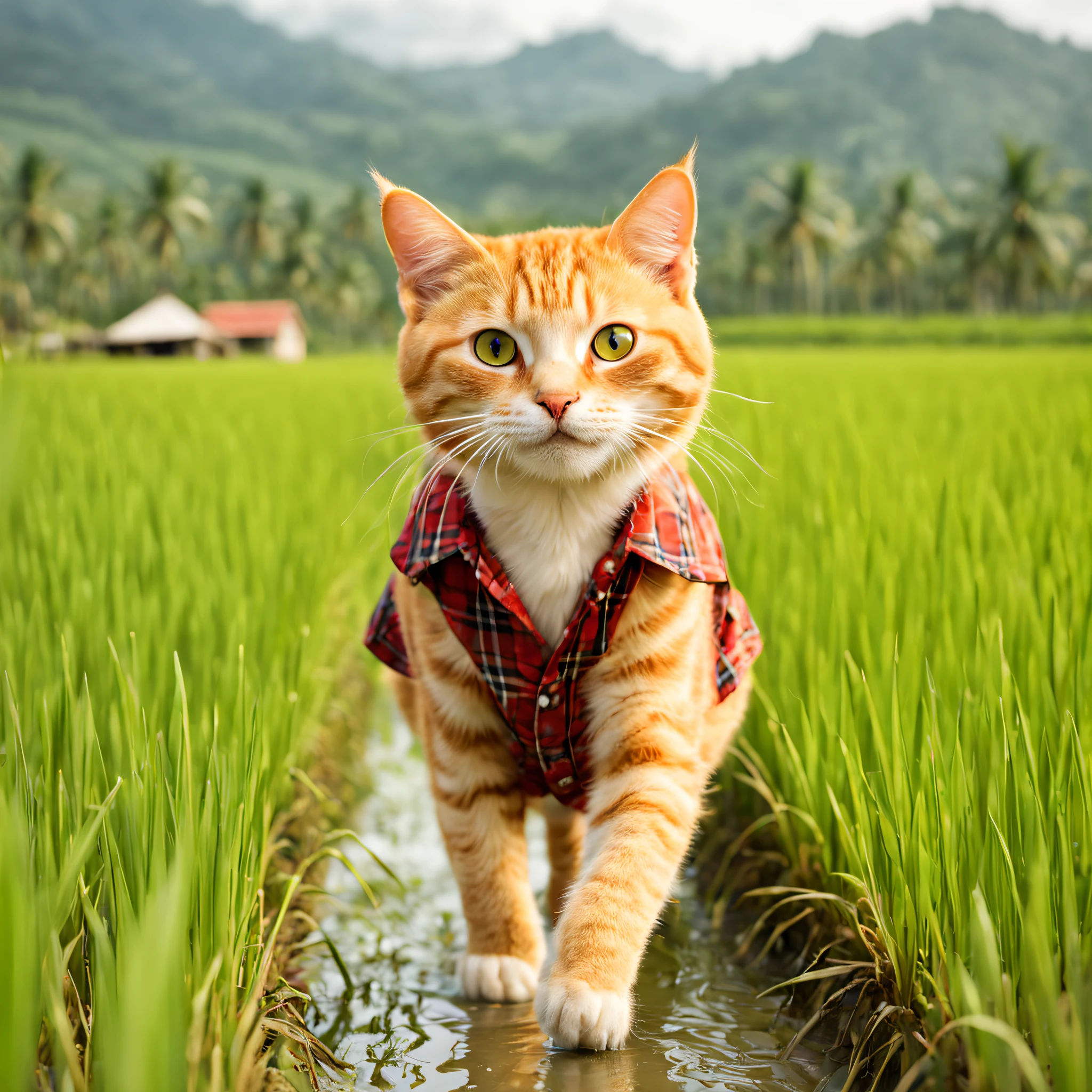 light orange cat.Make a cheeky, naughty face.Wear a red plaid shirt.Walking on rice fields in the middle of lush green rice fields.Full body