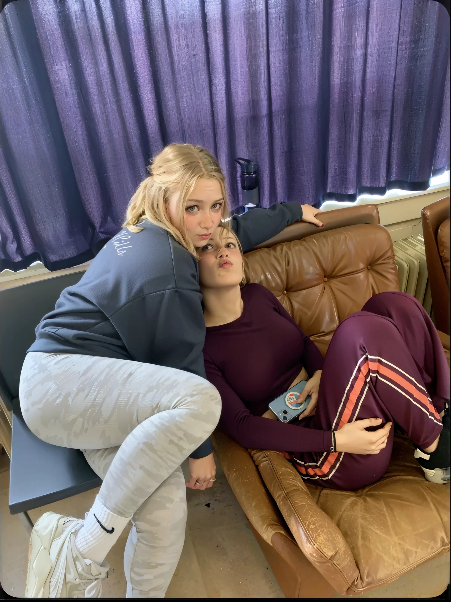 there are two women sitting on a couch together in a living room, roomies, annoying sister vibes, woman holding another woman, on a couch, behind the scenes photo, laying on their back, taken in 2 0 2 0, by Christen Dalsgaard, sitting on the couch, relaxing on the couch, two exhausted, behind the scenes