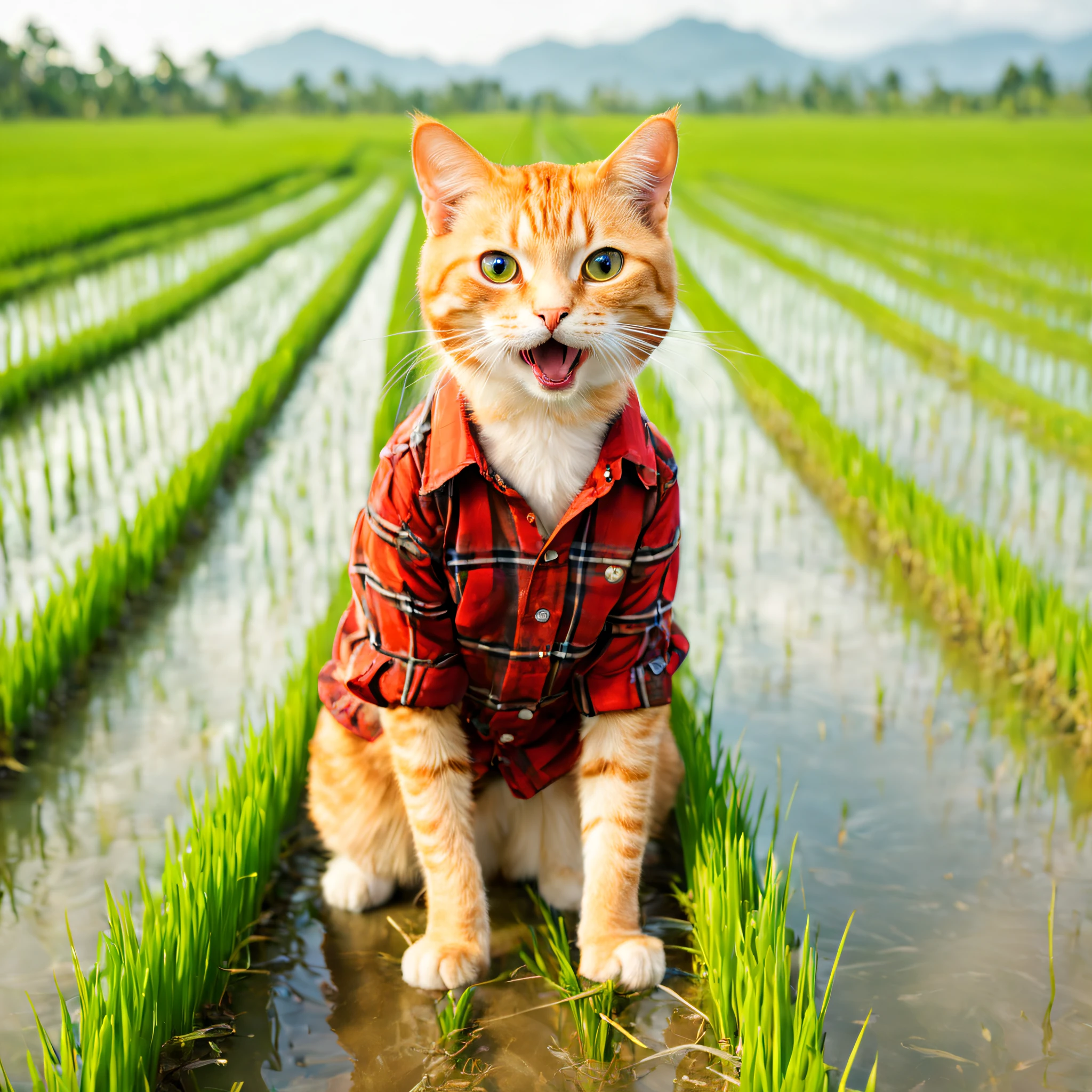 light orange cat.Make a cheeky, naughty face.Wear a red plaid shirt.Walking on rice fields in the middle of lush green rice fields.Full body
